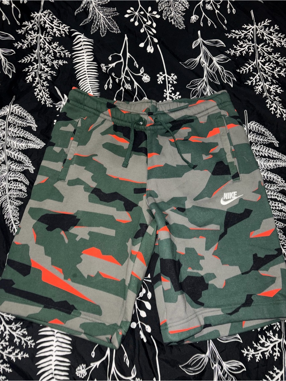 Nike Green and Gray Camo Athletic Shorts with Orange Accents